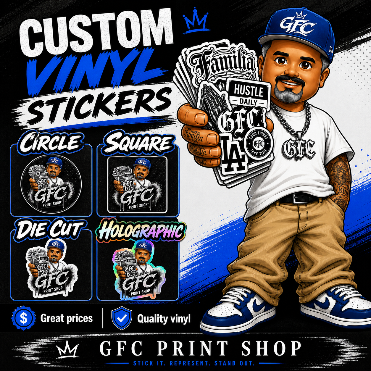 GFC Print Shop custom vinyl sticker options including circle square die cut and holographic