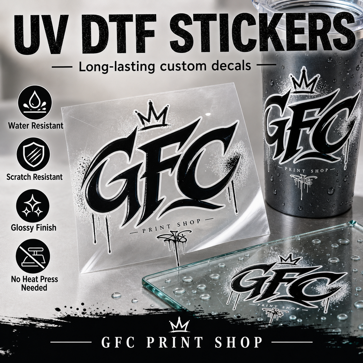 GFC Print Shop UV DTF stickers product photo showing long-lasting glossy custom decals