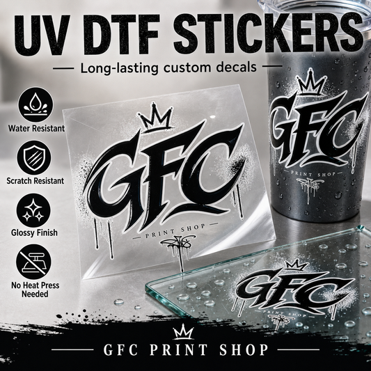 GFC Print Shop UV DTF stickers product photo showing long-lasting glossy custom decals